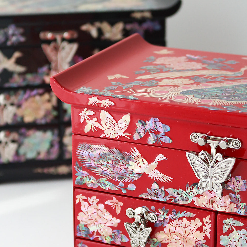 Najeonchilgi Peacock Flower 4-Tier Drawer Mother of Pearl Jewelry Box (Medium)