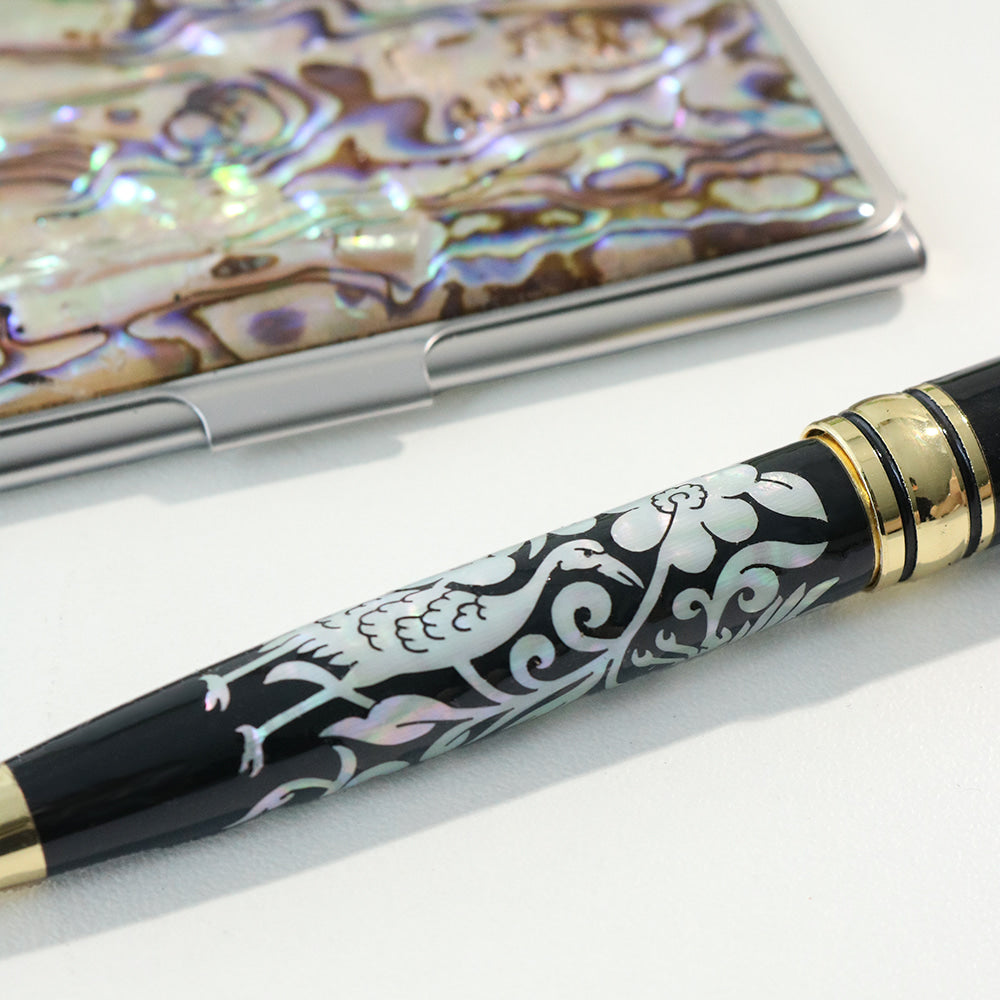 2-Piece Set: Premium Najeon Marbled Pattern Business Card Case Mother of Pearl Pen M