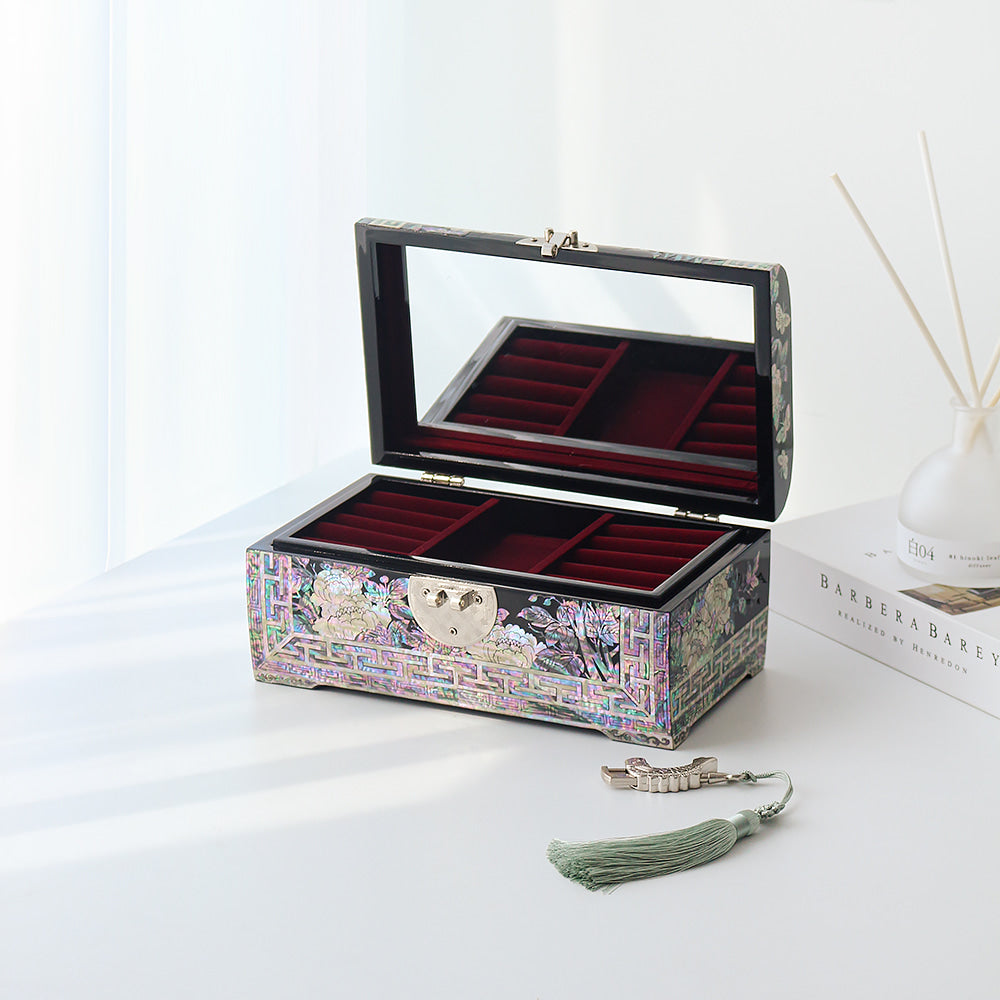 Najeonchilgi Painted Peony of Wealth Rounded Mother of Pearl Jewelry Box, 24 cm