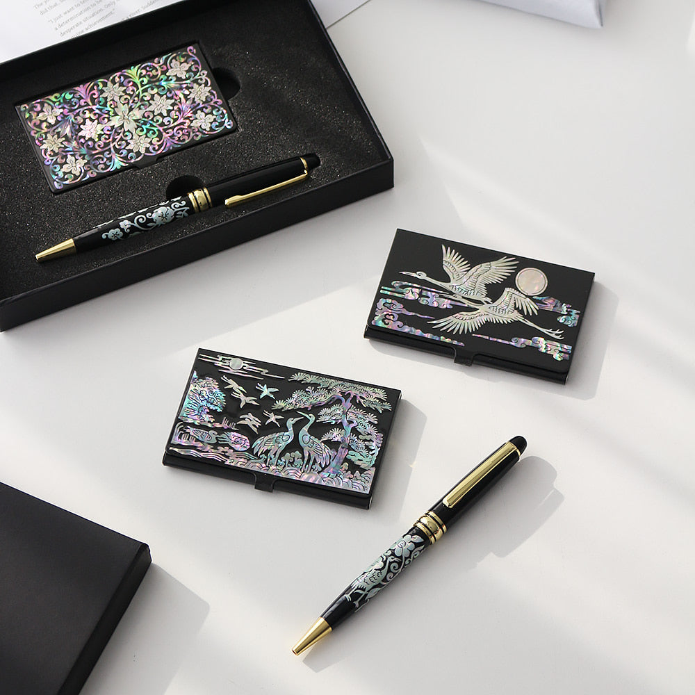 2-Piece Set: Carved Business Card Case K Mother of Pearl Pen Set