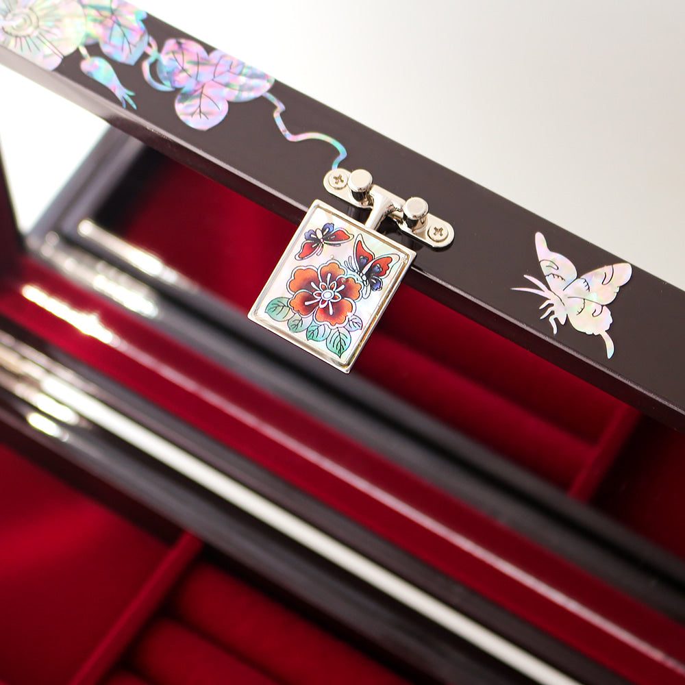 Masterpiece Najeonchilgi Flower Painted Flowers 2-Tier Mother of Pearl Jewelry Box, 30 cm