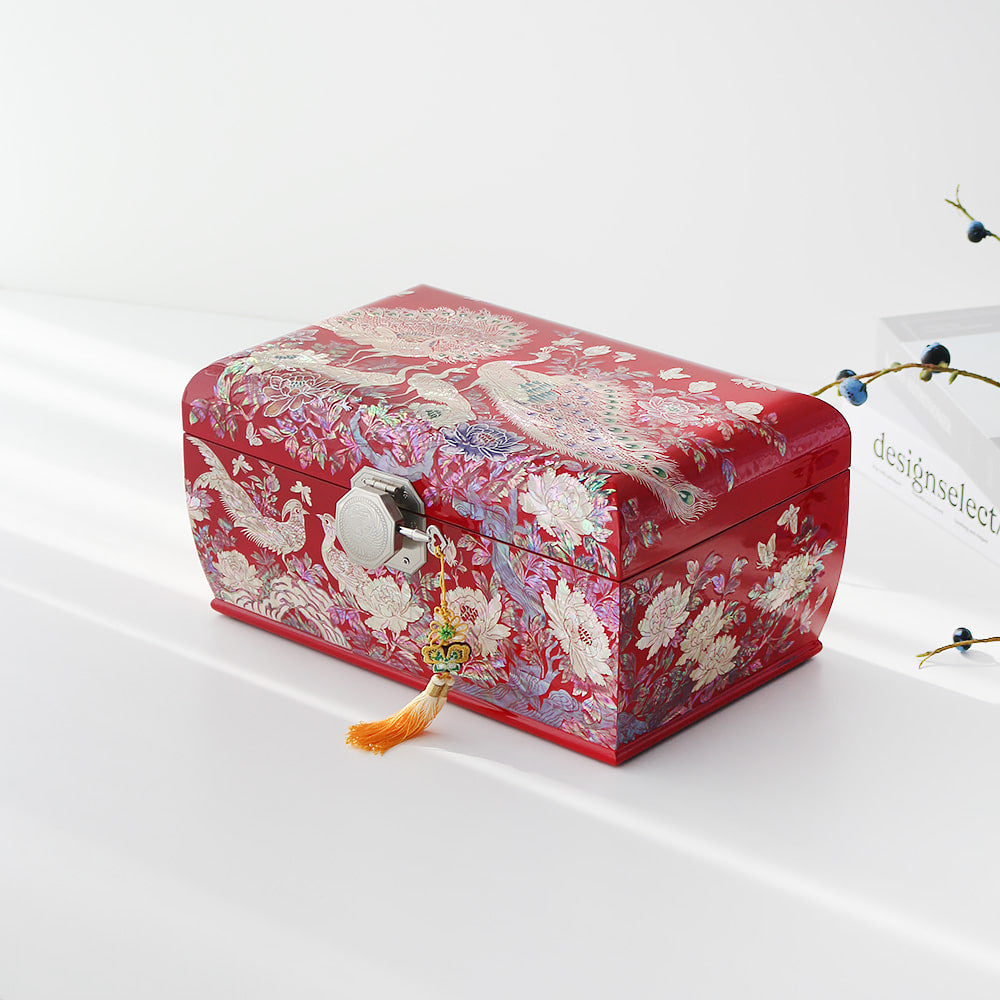 Masterpiece Najeonchilgi Peacock Peony of Wealth 3-Tier Rounded Mother of Pearl Jewelry Box, 30 cm