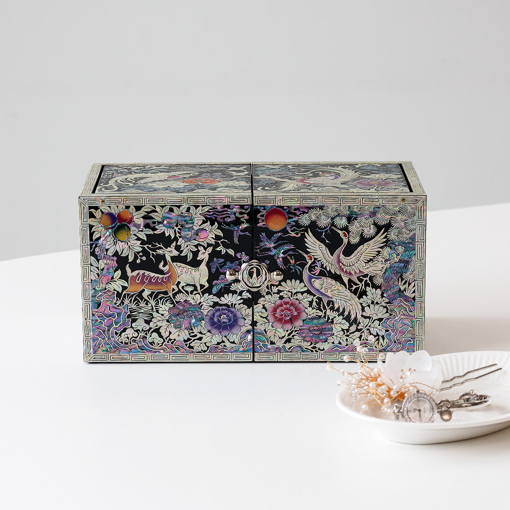 Masterpiece New Double-Lidded Golden Pheasant Large Black Mother of Pearl Jewelry Box
