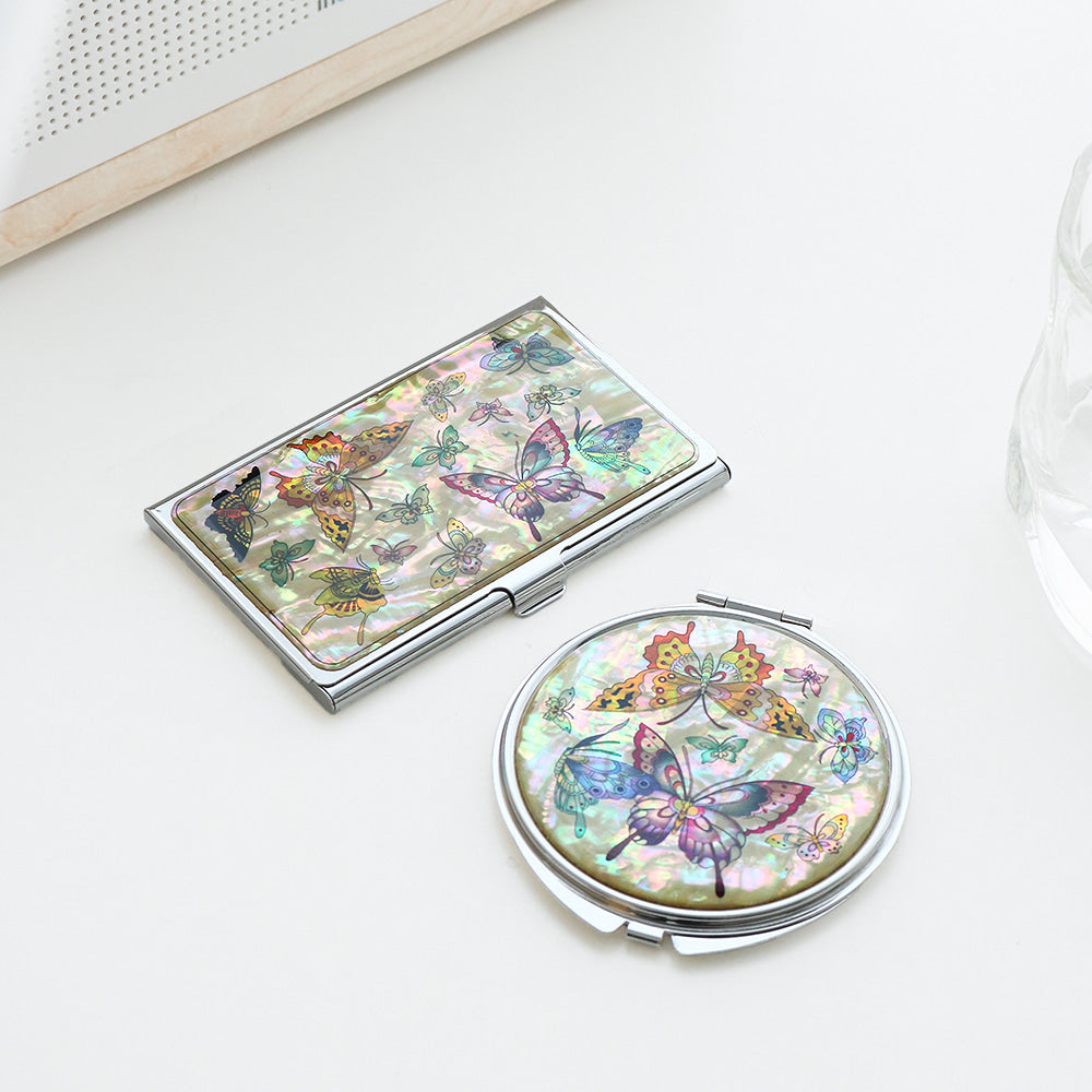 2-Piece Set: Mother of Pearl Business Card Case Hand Mirror K
