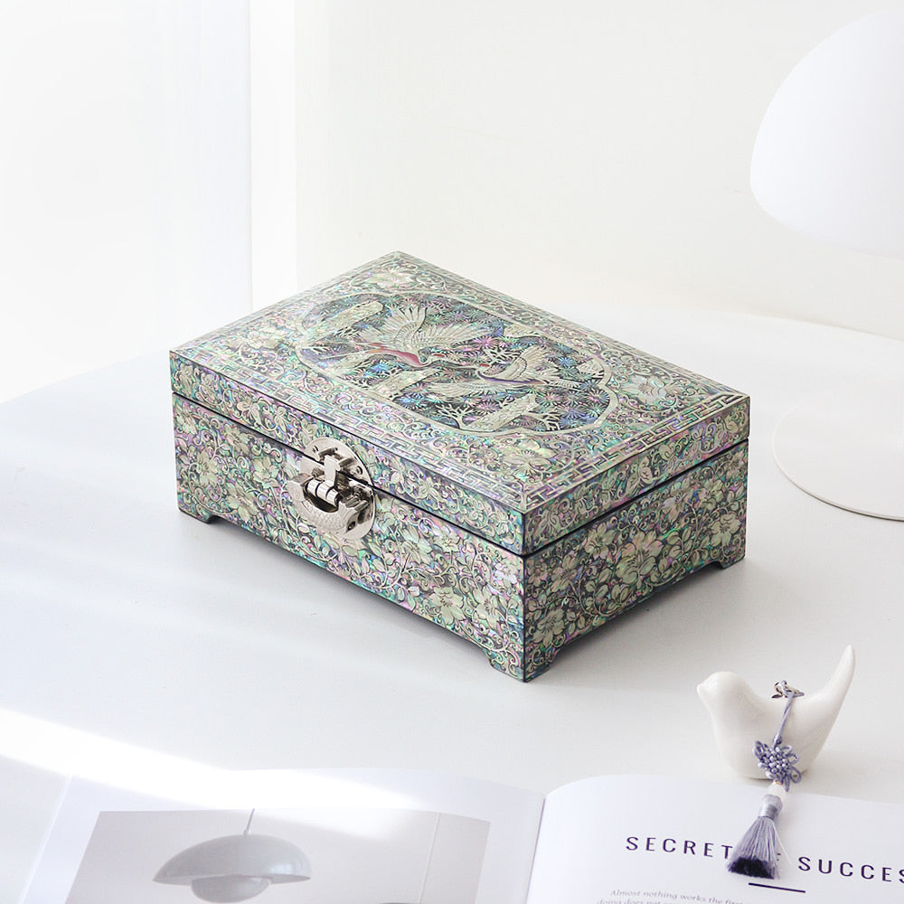 Najeonchilgi 2-Tier Joseon Style Mother of Pearl Jewelry Box Pine & Crane Black, 24 cm (Master Artisan Jang Tae-bok)