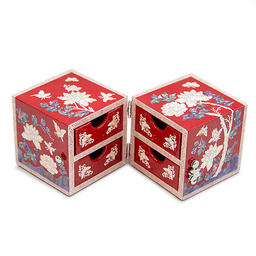 Peony NaturalMother of Pearl Double Lidded Jewelry Box (Medium, Glossy, Red) - Oh Myung - Ho