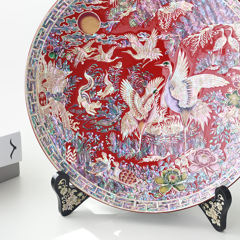 Najeonchilgi Crane Round Ornament Dragon Mother of Pearl Tray, 30 cm