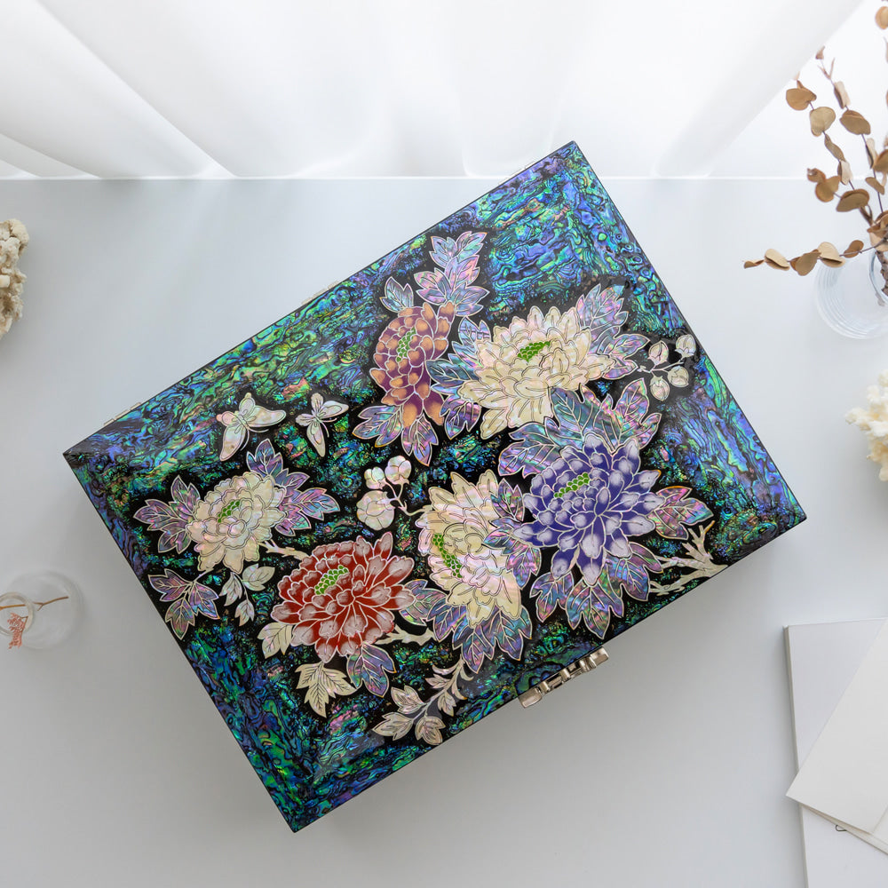 Peony 2-Tier Najeonchilgi Mother of Pearl Jewelry & Document Box, 34 cm