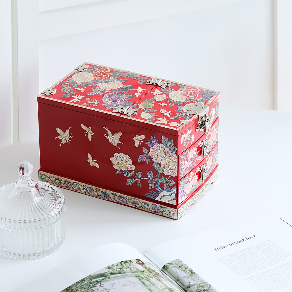 Najeonchilgi Painted Peony of Wealth Mother of Pearl Vanity Mirror Jewelry Box