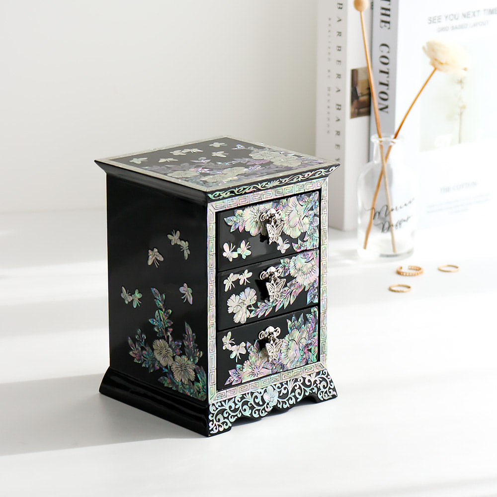 Najeonchilgi Peony Flower Arabesque 3-Tier Drawer Mother of Pearl Jewelry Box