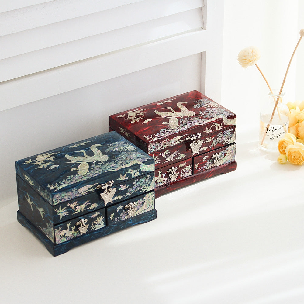 Najeonchilgi 1-Tier Hanji Pine & Crane 2-Drawer Mother of Pearl Jewelry Box