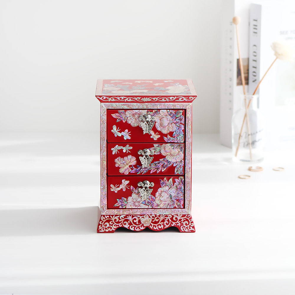Najeonchilgi Peony Flower Arabesque 3-Tier Drawer Mother of Pearl Jewelry Box
