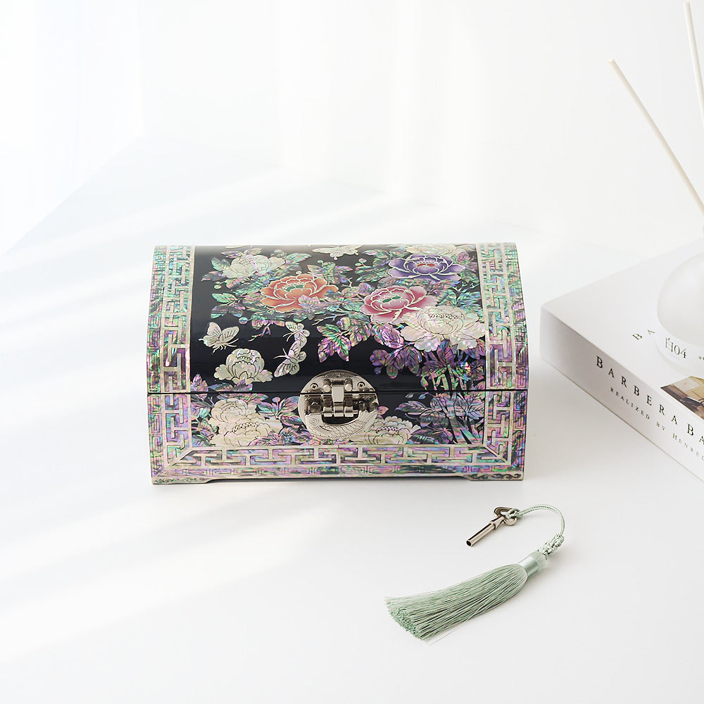 Najeonchilgi Painted Peony of Wealth Rounded Mother of Pearl Jewelry Box, 24 cm