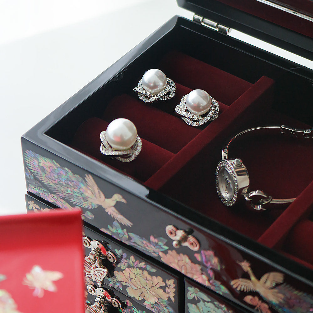Najeonchilgi Peacock Flower 4-Tier Drawer Mother of Pearl Jewelry Box (Medium)