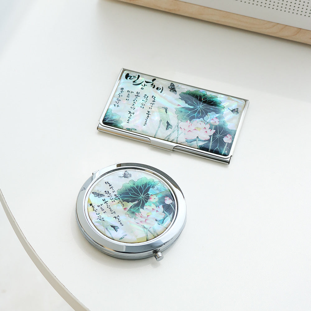2-Piece Set: Mother of Pearl Business Card Case Mother of Pearl One-Touch Hand Mirror N