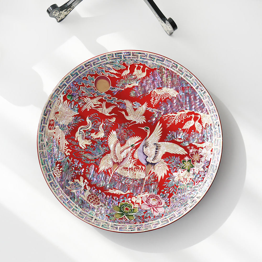 Najeonchilgi Crane Round Ornament Dragon Mother of Pearl Tray, 30 cm