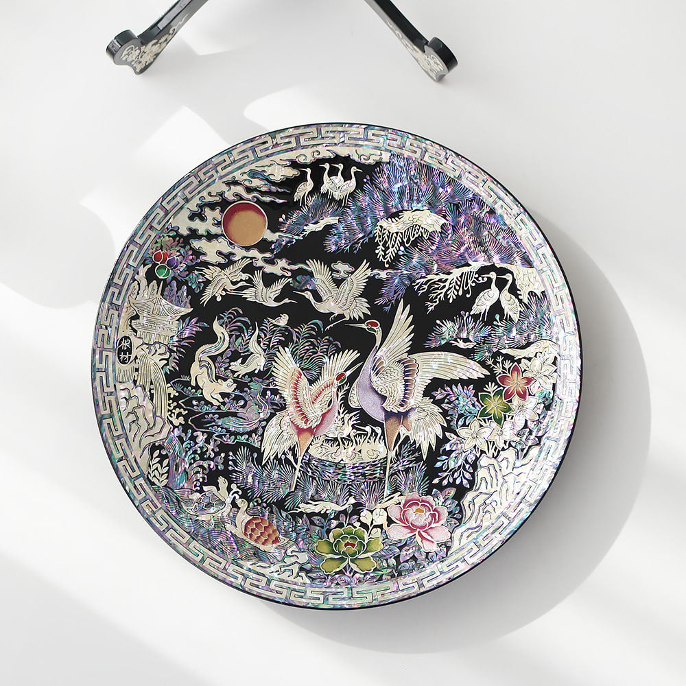 Najeonchilgi Crane Round Ornament Dragon Mother of Pearl Tray, 30 cm