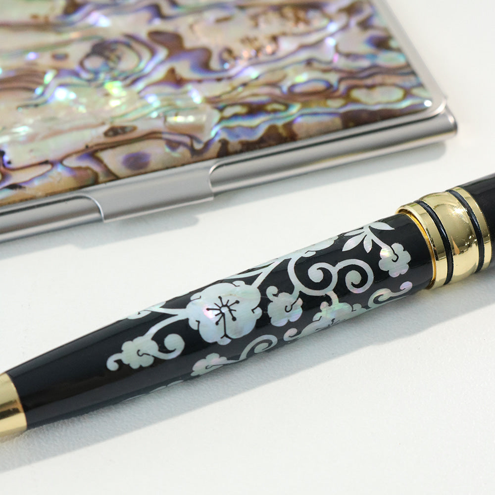 2-Piece Set: Premium Najeon Marbled Pattern Business Card Case Mother of Pearl Pen M