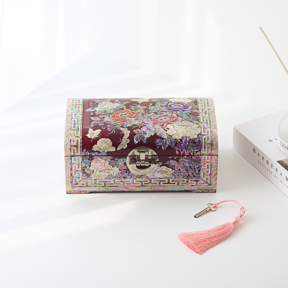 Najeonchilgi Painted Peony of Wealth Rounded Mother of Pearl Jewelry Box, 24 cm