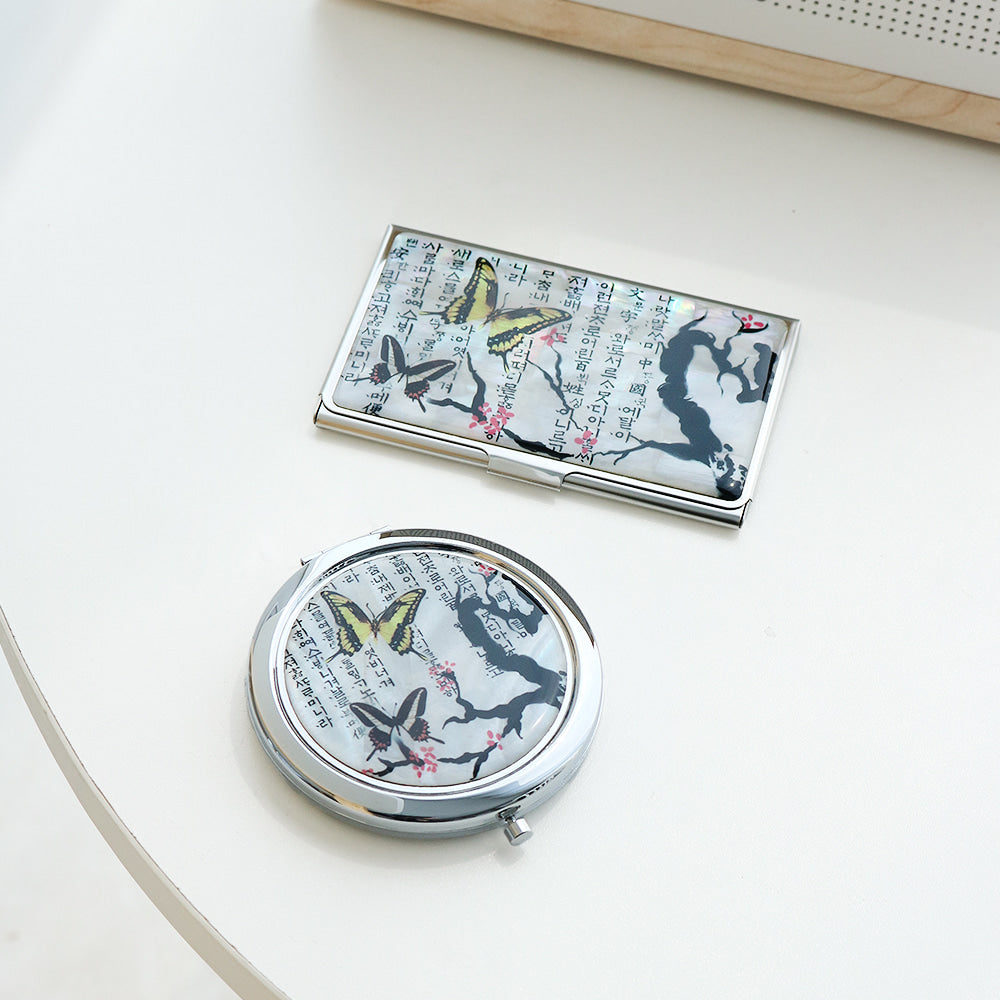2-Piece Set: Mother of Pearl Business Card Case Mother of Pearl One-Touch Hand Mirror N