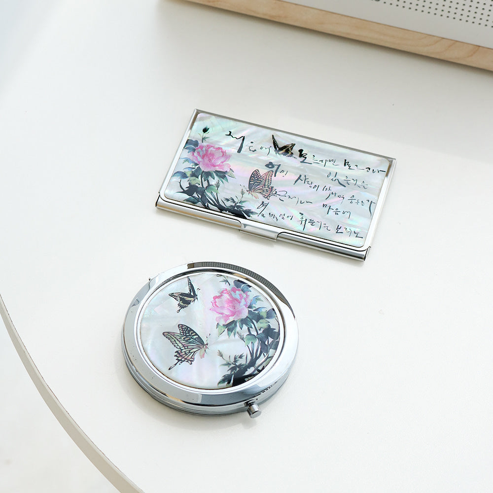2-Piece Set: Mother of Pearl Business Card Case Mother of Pearl One-Touch Hand Mirror N