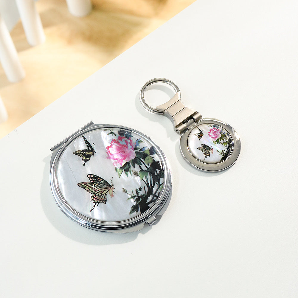 2-Piece Set: Mother of Pearl Hand Mirror Keyring N