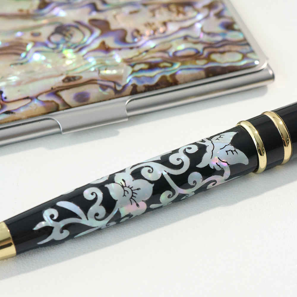 2-Piece Set: Premium Najeon Marbled Pattern Business Card Case Mother of Pearl Pen M