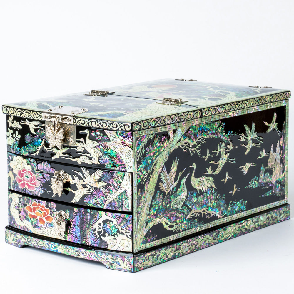 Crane & Pine Scholar 5-Drawer Mother of Pearl Jewelry Box中(Glossy, Black)