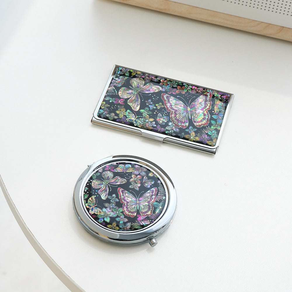 2-Piece Set: Mother of Pearl Business Card Case Mother of Pearl One-Touch Hand Mirror N