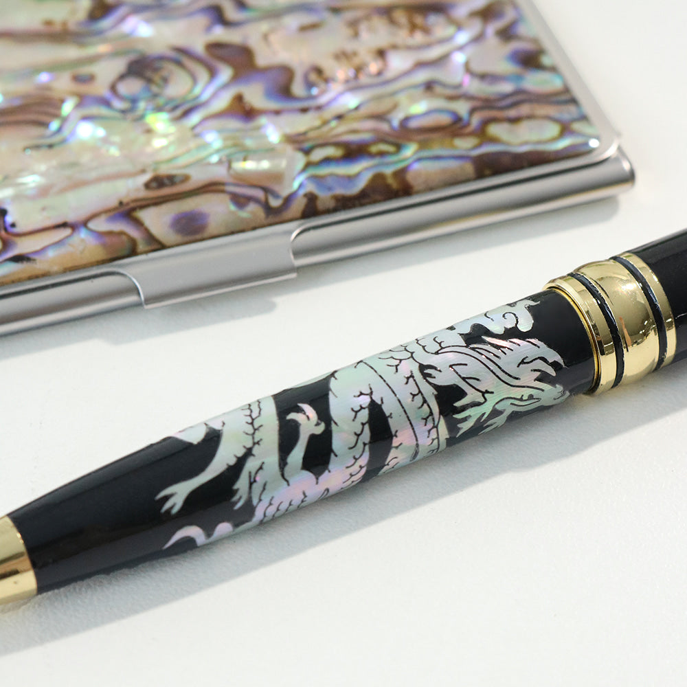 2-Piece Set: Premium Najeon Marbled Pattern Business Card Case Mother of Pearl Pen M