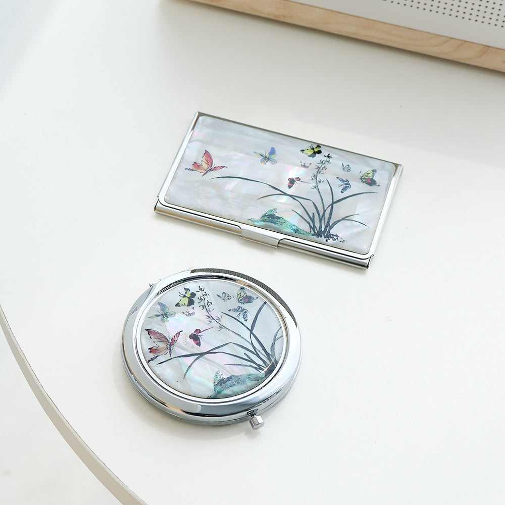 2-Piece Set: Mother of Pearl Business Card Case Mother of Pearl One-Touch Hand Mirror N