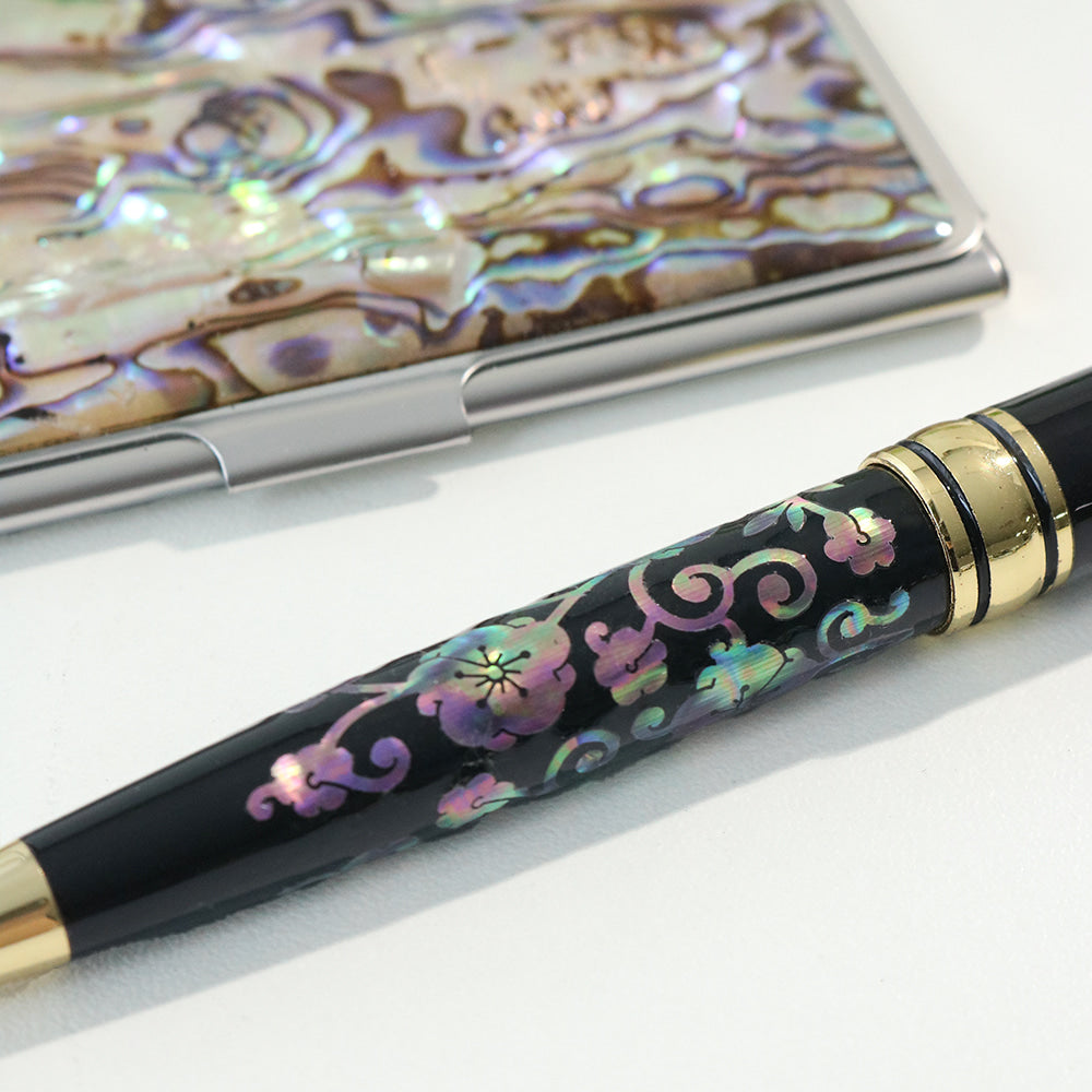 2-Piece Set: Premium Najeon Marbled Pattern Business Card Case Mother of Pearl Pen M