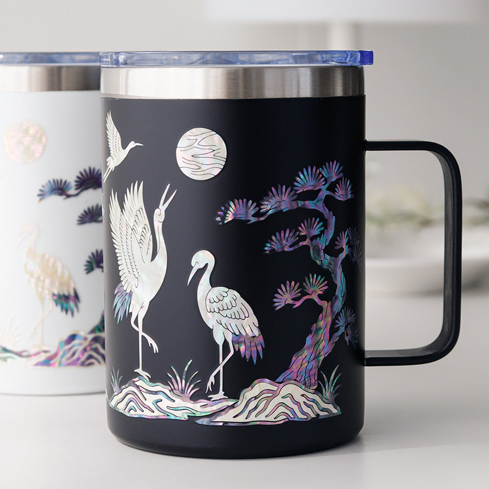 Najeonchilgi Stainless Steel Mug with Crane and Pine, 460 ml