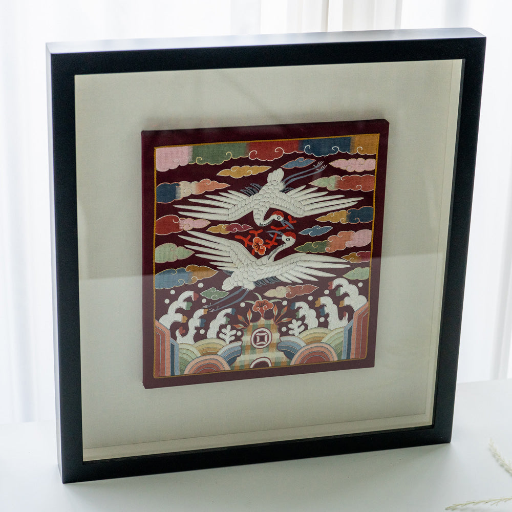 Traditional Embroidered Twin Crane Hyungbae Framed Art - Han Sang-soo