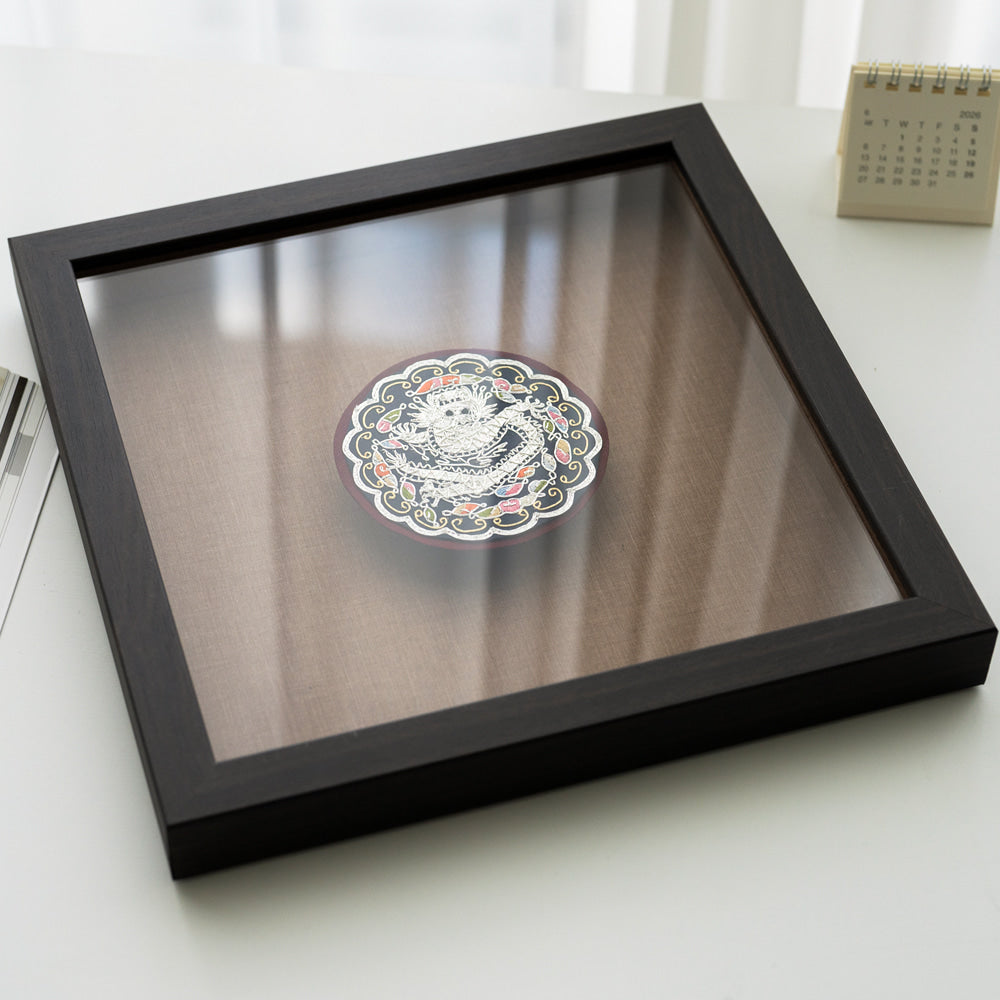 Traditional Royal Dragon Emblem Embroidery Frame, Silver Thread