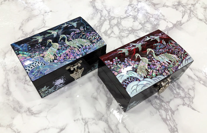 Hanji Base Jewelry Box (Magnolia, Pair of Crane Motif) - Red, Black, Blue, Purple
