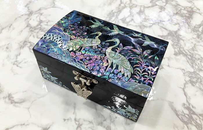 Hanji Base Jewelry Box (Magnolia, Pair of Crane Motif) - Red, Black, Blue, Purple