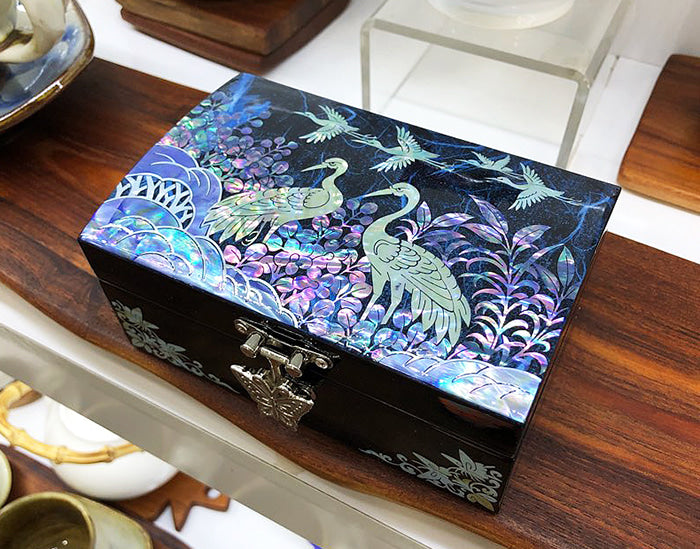 Hanji Base Jewelry Box (Magnolia, Pair of Crane Motif) - Red, Black, Blue, Purple