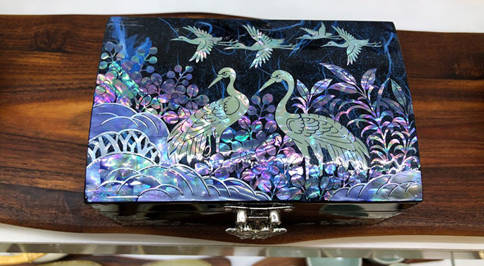 Hanji Base Jewelry Box (Magnolia, Pair of Crane Motif) - Red, Black, Blue, Purple