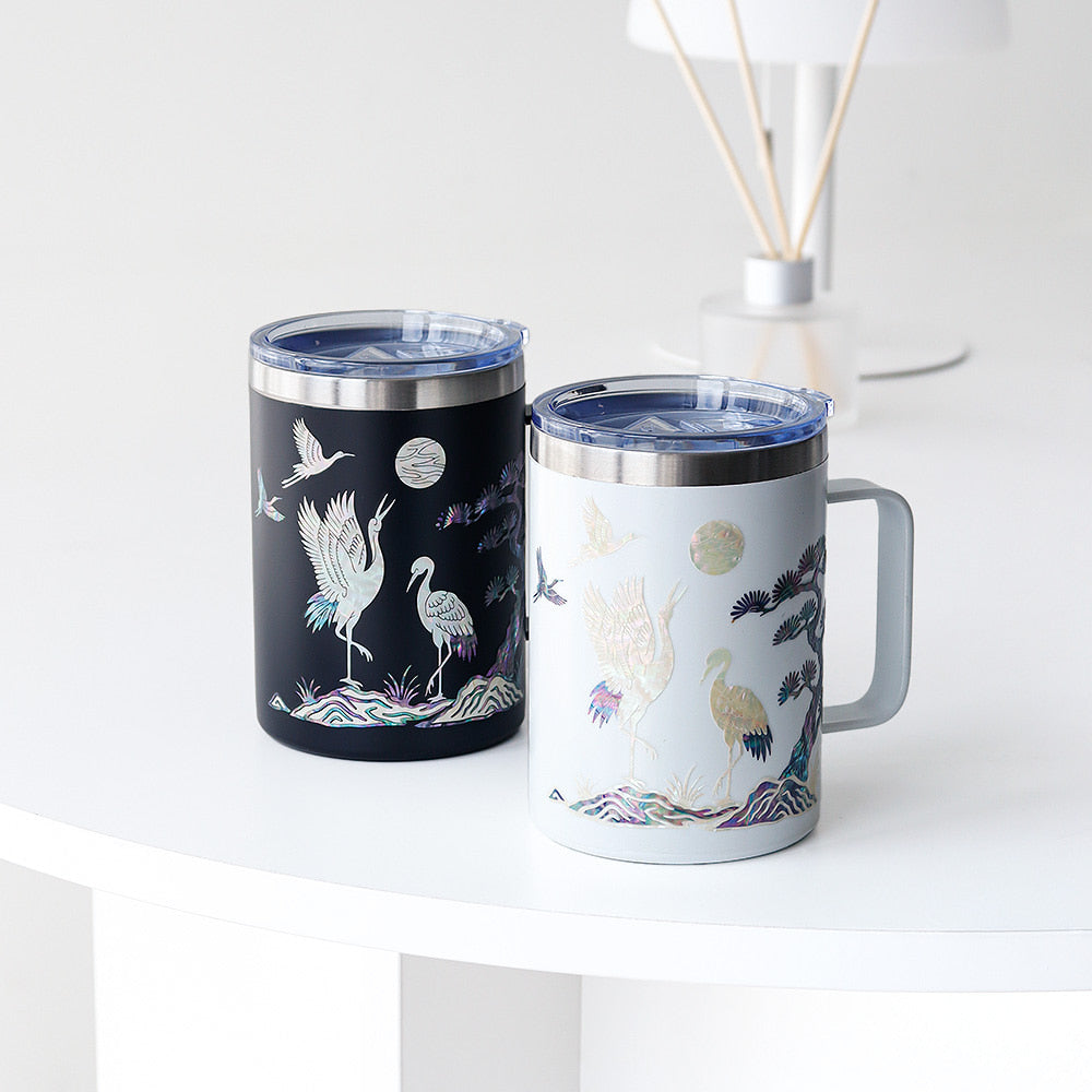 Najeonchilgi Stainless Steel Mug with Crane and Pine, 460 ml