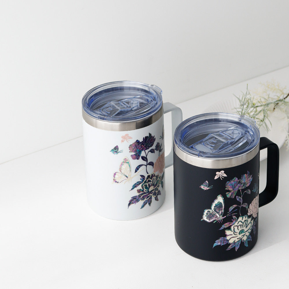 Najeonchilgi Stainless Steel Mug with Butterfly and Peony, 460 ml