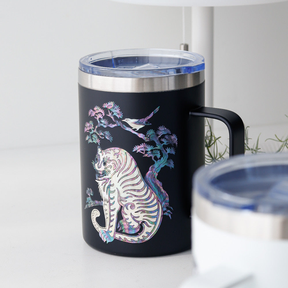 Najeonchilgi Stainless Steel Mug with Magpie and Tiger, 460 ml
