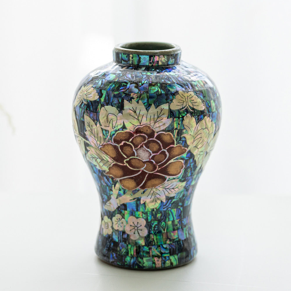 Premium Natural Mother-of-Pearl Celadon Maebyeong Vase with Peony Design