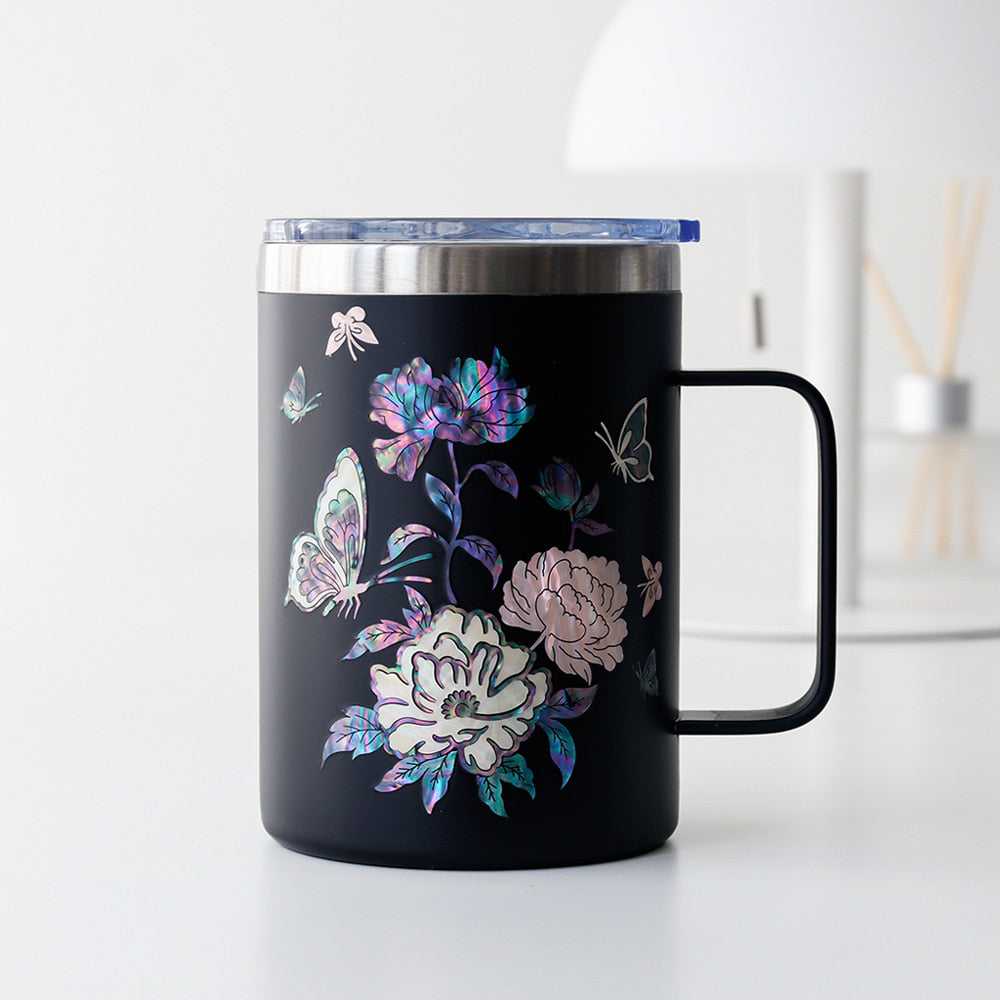 Najeonchilgi Stainless Steel Mug with Butterfly and Peony, 460 ml