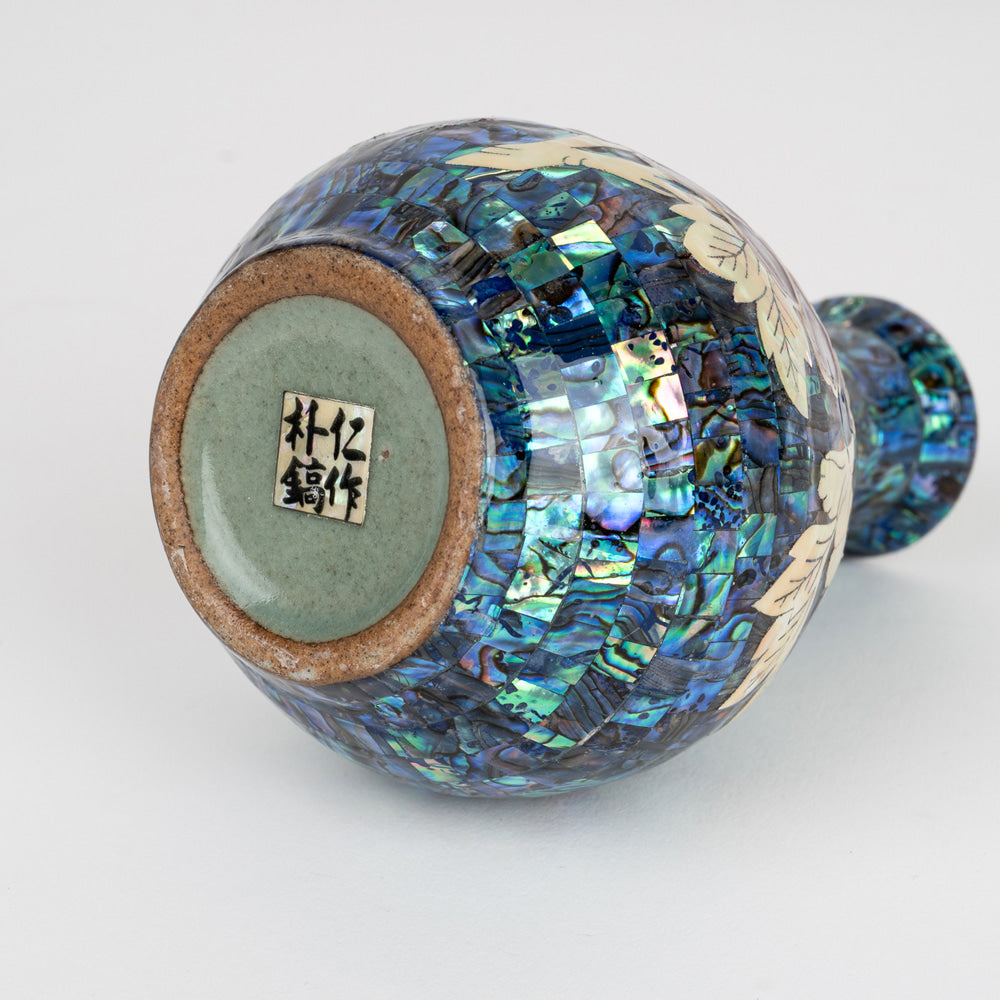 Premium Natural Mother-of-Pearl Celadon Maebyeong Vase with Peony Design