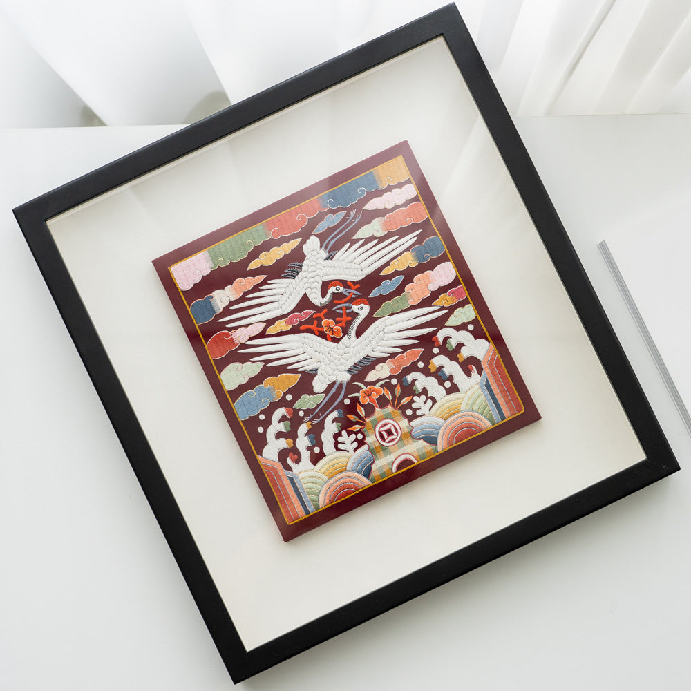 Traditional Embroidered Twin Crane Hyungbae Framed Art - Han Sang-soo