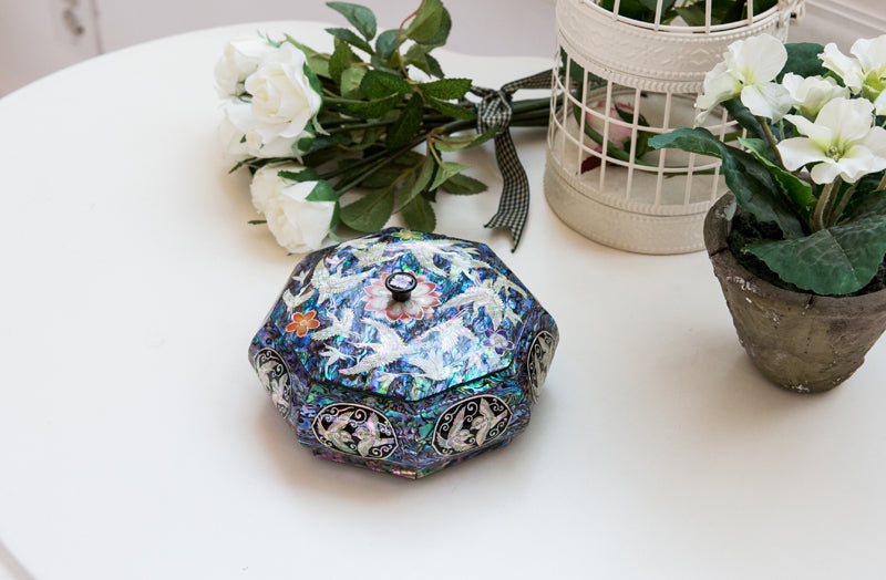 Lotus FlowerCrane Blue Mother of Pearl Panel Knob Octagonal Multi-Purpose Box (Candy Bowl) - by Park In-ho
