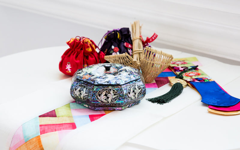 Lotus FlowerCrane Blue Mother of Pearl Panel Knob Octagonal Multi-Purpose Box (Candy Bowl) - by Park In-ho