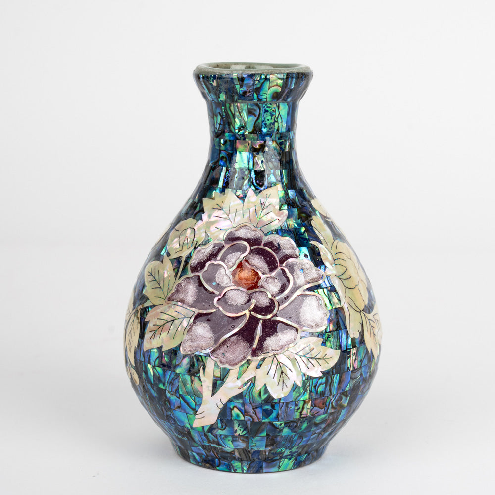 Premium Natural Mother-of-Pearl Celadon Maebyeong Vase with Peony Design