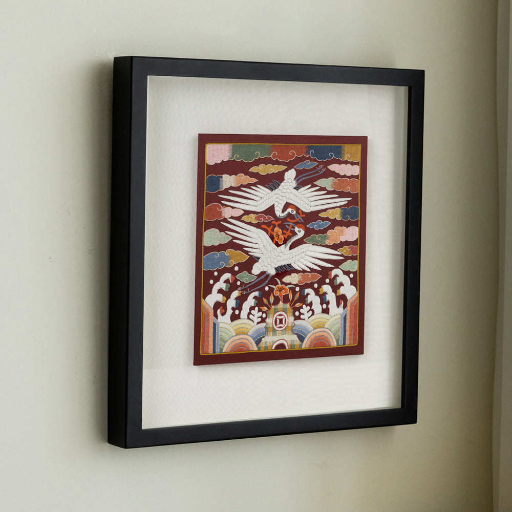 Traditional Embroidered Twin Crane Hyungbae Framed Art - Han Sang-soo